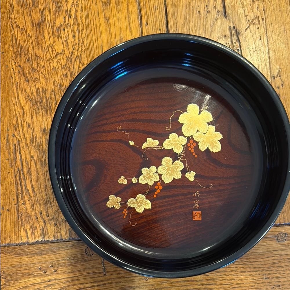 Japanese Decorative Floral Bowl Black and Gold 1980’s Japan- Vintage